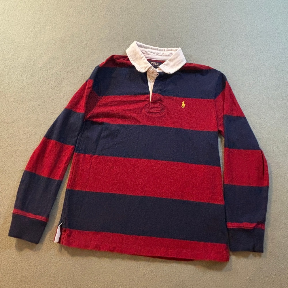 Polo Ralph Lauren Rugby Shirt Kids M 10-12 Red Blue Striped Long Sleeve Prep Y2K